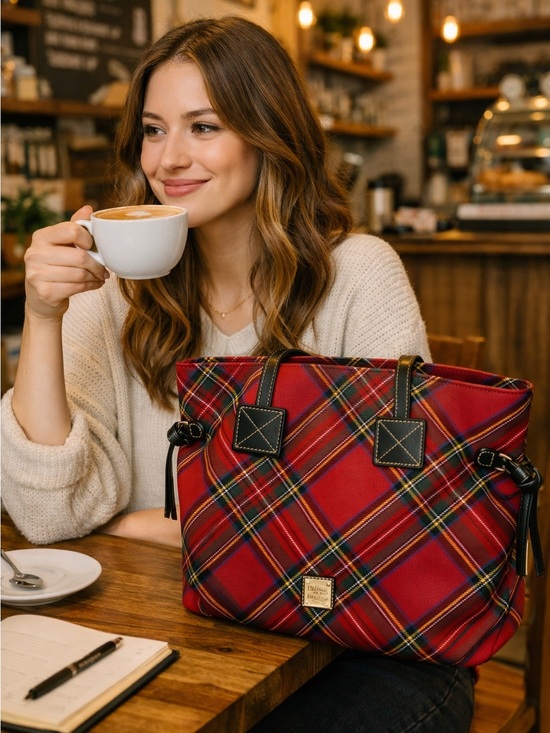 Dooney & Bourke Handbags - Dooney & Bourke Red TartanTote with Black Leather Handles (Some Interior Marks)